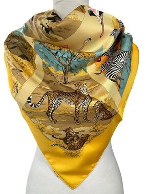 Hermes 100% Silk “Tanzanie” Yellow Blue & Beige 90x90cm Large Square Scarf & Box